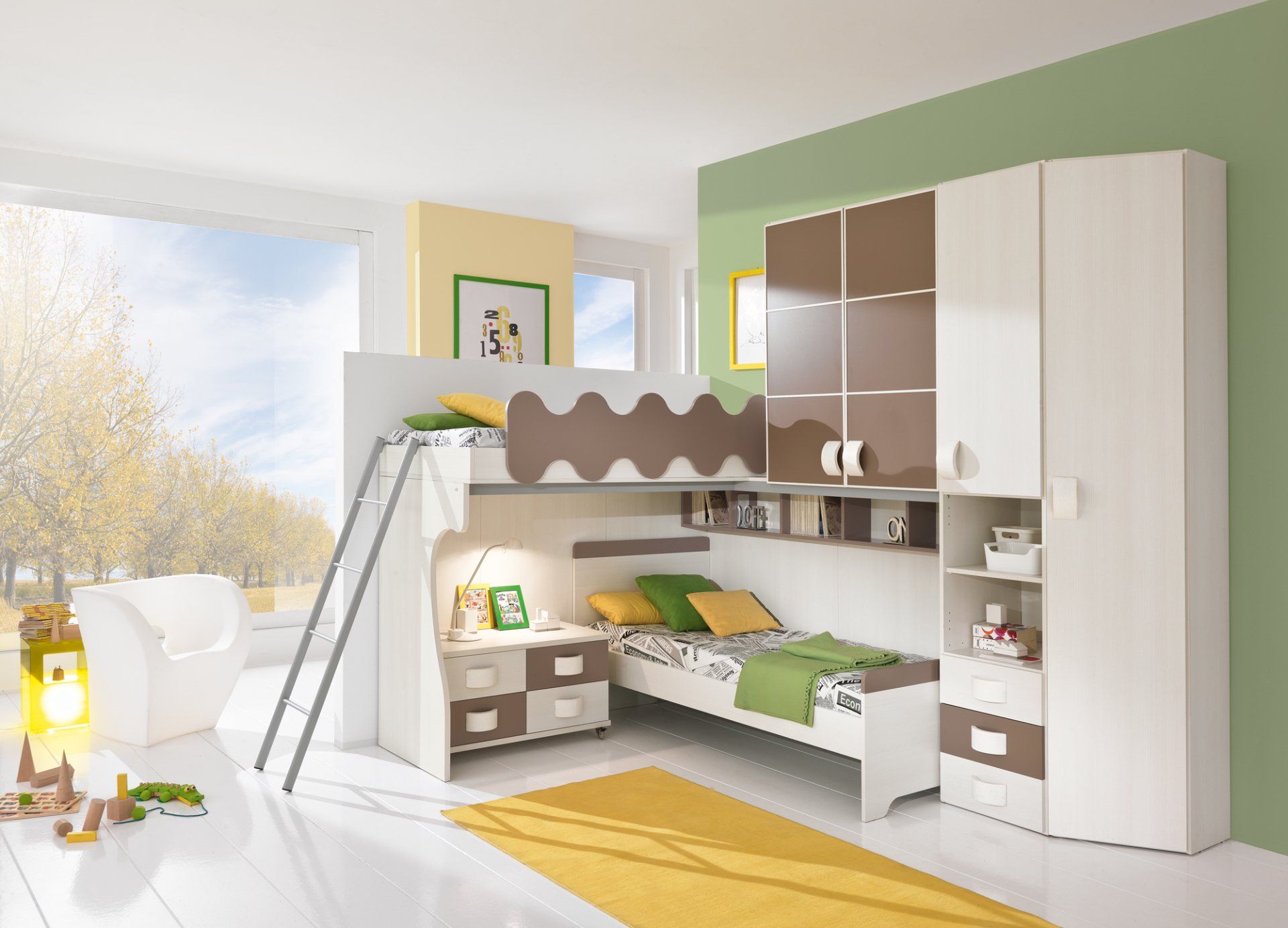 Cameretta con letto a soppalco, scrivania, armadio e vani contenitori